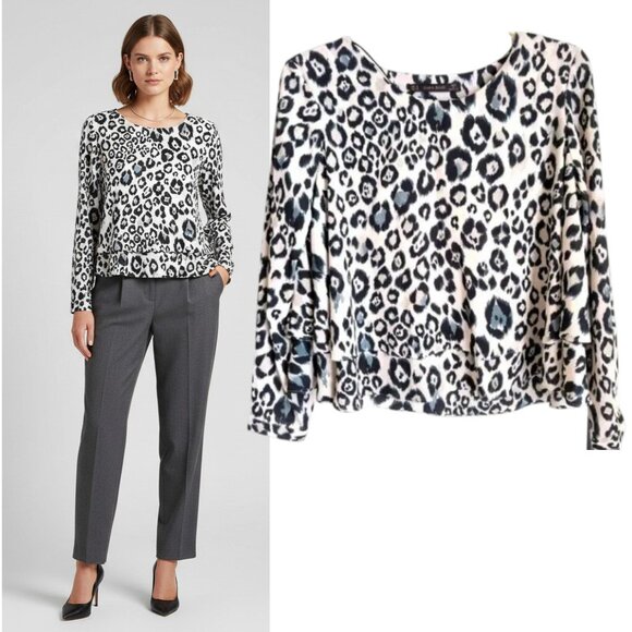 Zara Basic Leopard Print Top Women's Sz M Tan Black Layered Long Sleeve Pullover - Picture 1 of 16